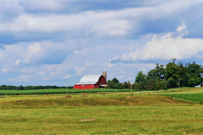 Spacious farmhouse with a red barn and rolling green fields under a clear blue sky.