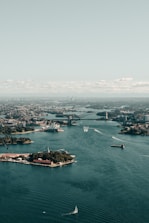 An aerial view of a bustling harbor with a prominent bridge and an iconic opera house. The water is dotted with various boats, and the skyline of the city extends into the distance under a pale blue sky.