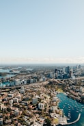 An aerial view of a bustling financial district.