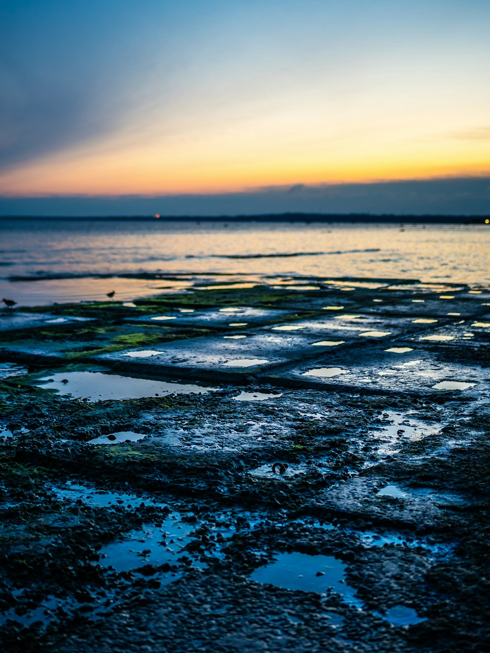 a view of a body of water at sunset