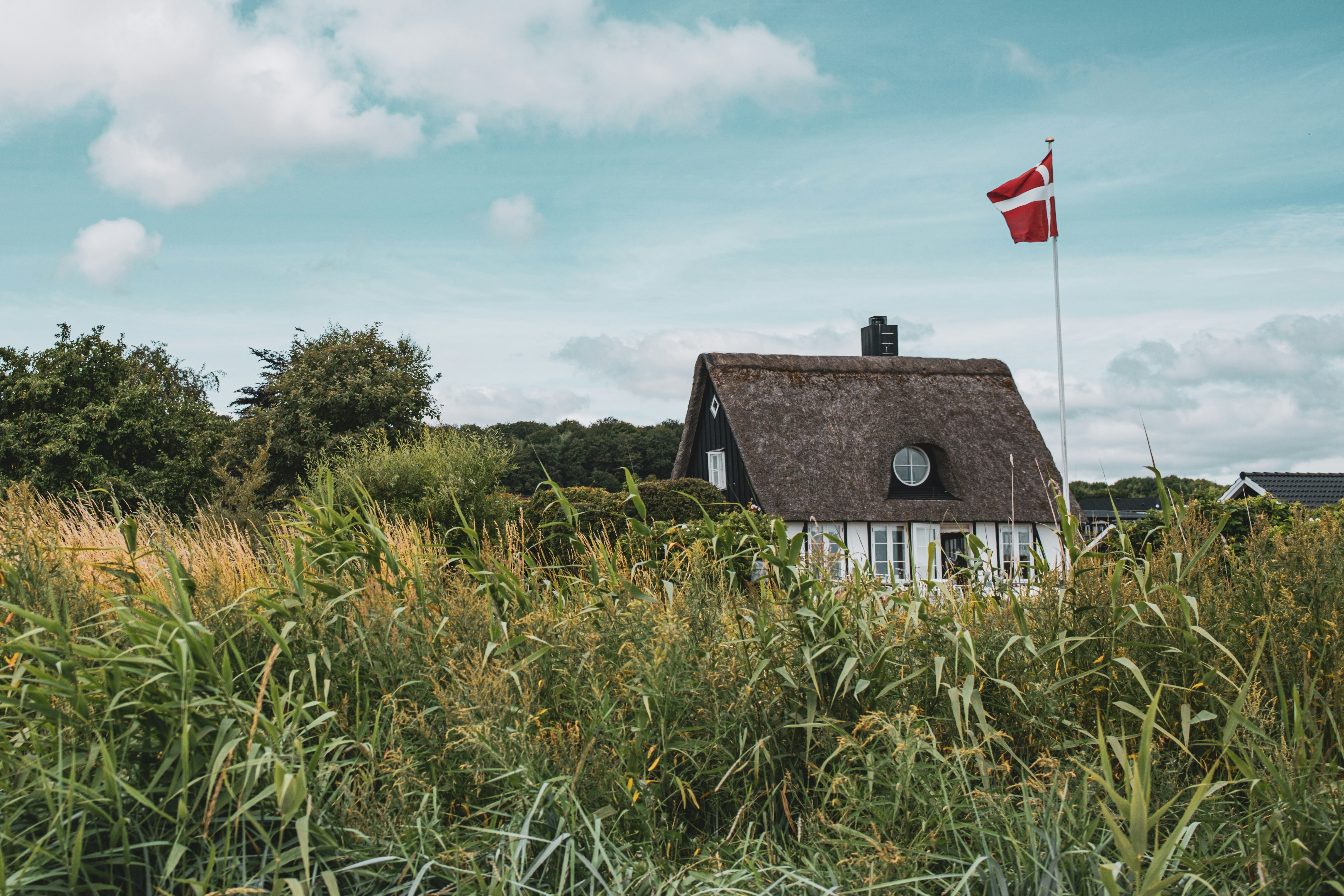 a house with a thatched roof and a red flag