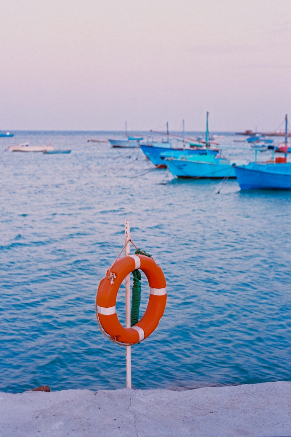 a life preserver on a pole in front of a body of water