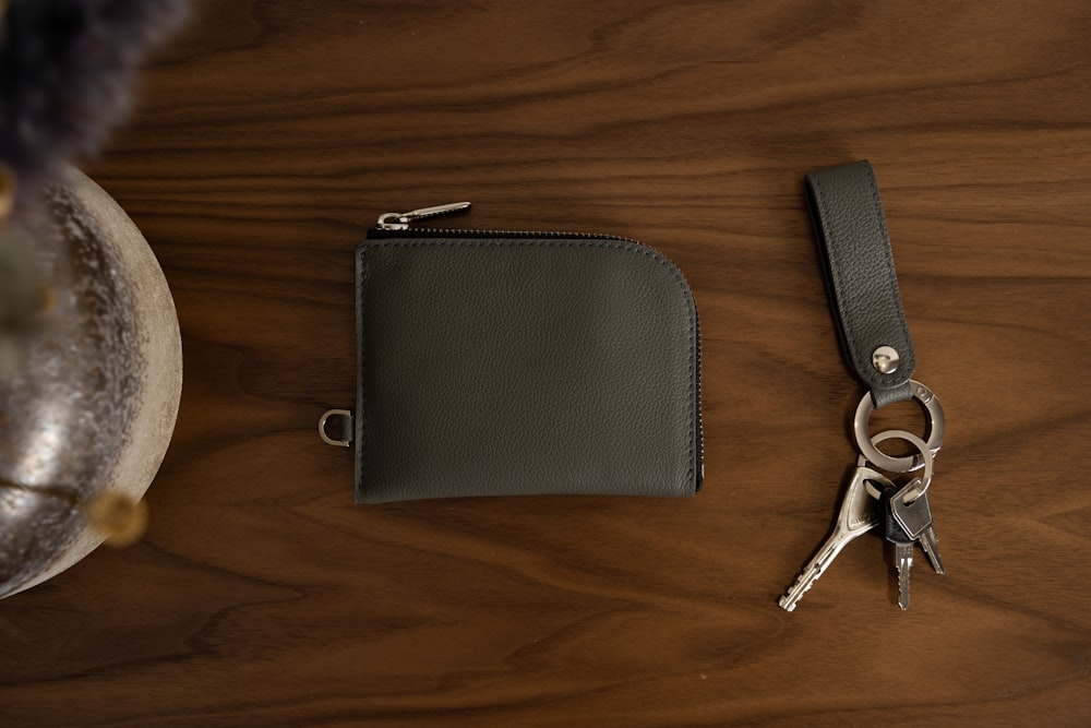 a pair of scissors and a wallet on a table