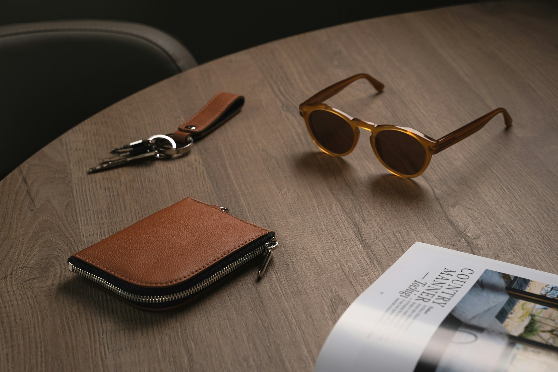 a wooden table topped with a wallet and sunglasses