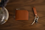 a wallet and a pair of scissors on a table