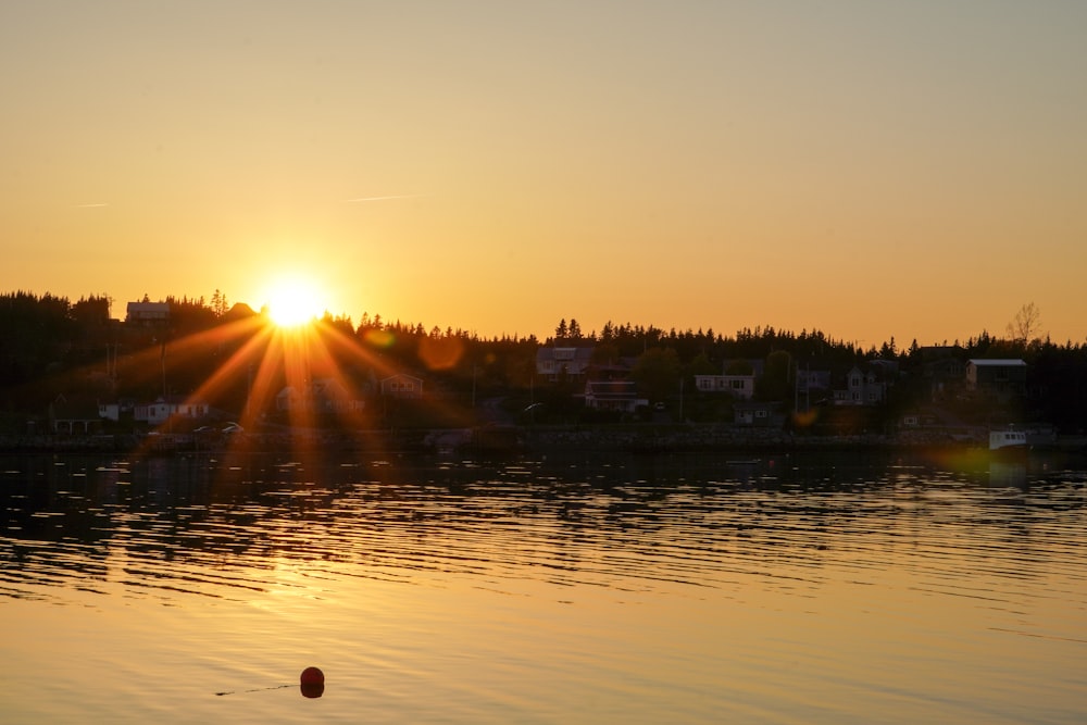 the sun is setting over a body of water