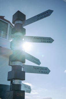 A signpost with directional signs pointing towards cities such as Sydney, Amsterdam, London, New Delhi, and New York, each accompanied by its distance in kilometers. Sunlight creates a bright flare effect in the background against a clear blue sky.