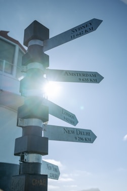 A signpost with directional signs pointing towards cities such as Sydney, Amsterdam, London, New Delhi, and New York, each accompanied by its distance in kilometers. Sunlight creates a bright flare effect in the background against a clear blue sky.