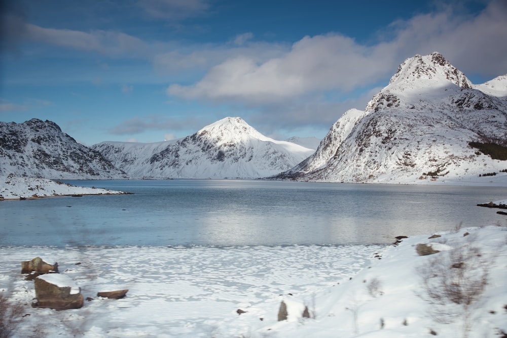 a lake surrounded by snow covered mountains under a blue sky