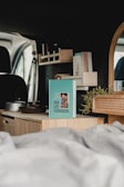 A cozy van interior features a bookshelf with a small collection of books, including a prominent blue cookbook titled 'Van Life Cookbook.' A wooden countertop displays kitchenware and a potted plant, adding a touch of greenery. A round mirror is partially visible, reflecting the van's window.