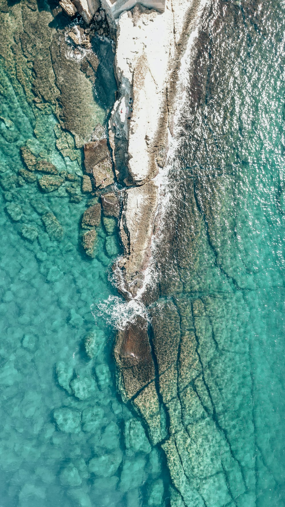 a bird's eye view of the water and rocks