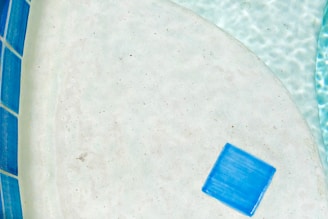A close-up view of a poolside area with a white concrete surface and blue square tiles. The water is clear, creating a rippled effect near the edge.