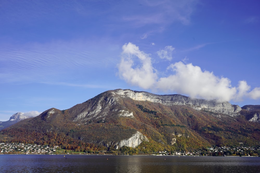 a view of a mountain with a lake in front of it