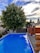 A backyard scene featuring a rectangular swimming pool with clear blue water. In the background, there is a large green tree with full foliage. A wooden fence encloses the area, and a shed is visible. The sky is partly cloudy with patches of blue visible.