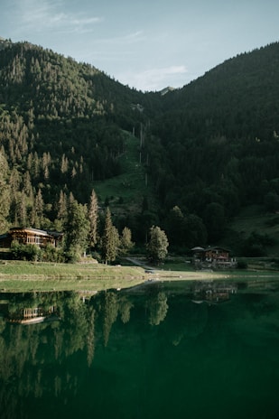 A serene mountain landscape with dense green forests covering the slopes. A calm lake reflects the trees and sky, creating a mirror effect. Two wooden cabins are nestled among the trees, adding a rustic charm.