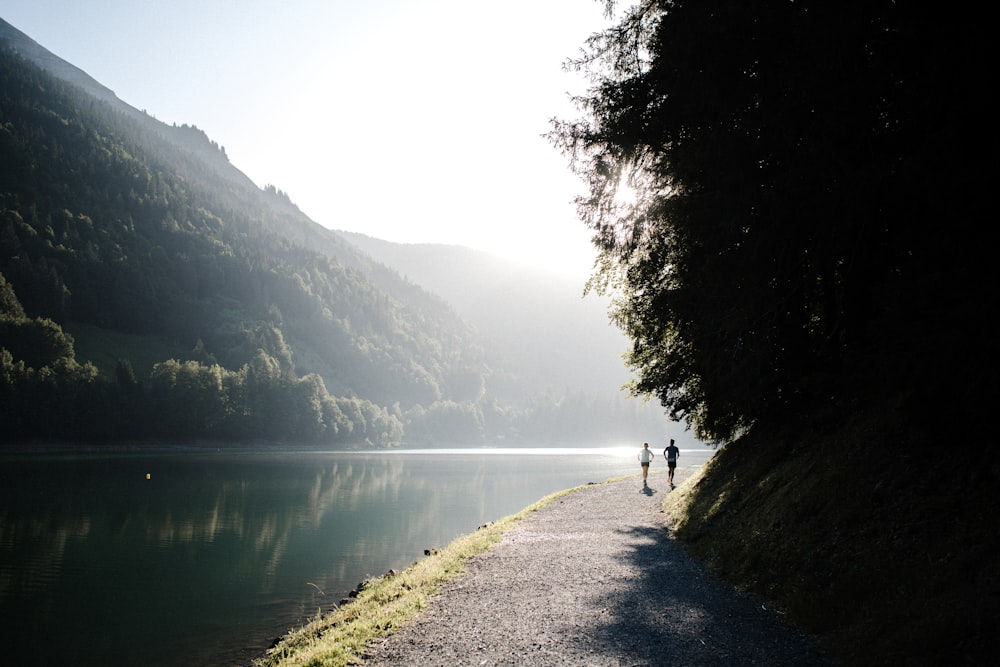 a couple of people walking down a road next to a lake