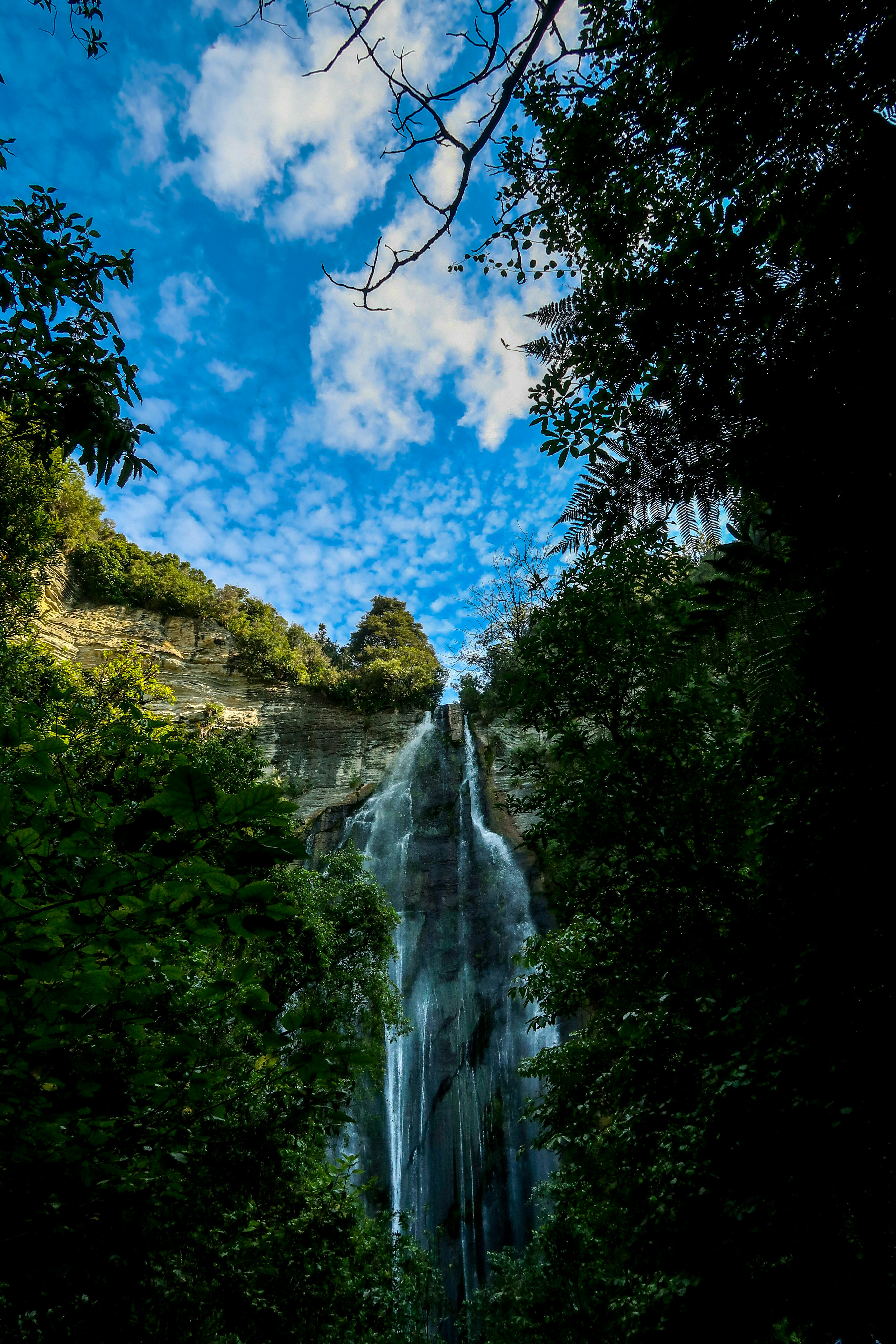 Una cascada muy alta rodeada de exuberantes árboles verdes