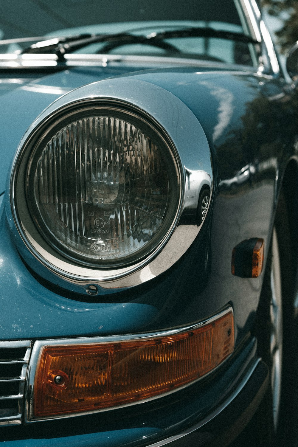 a close up of a car headlight on a car