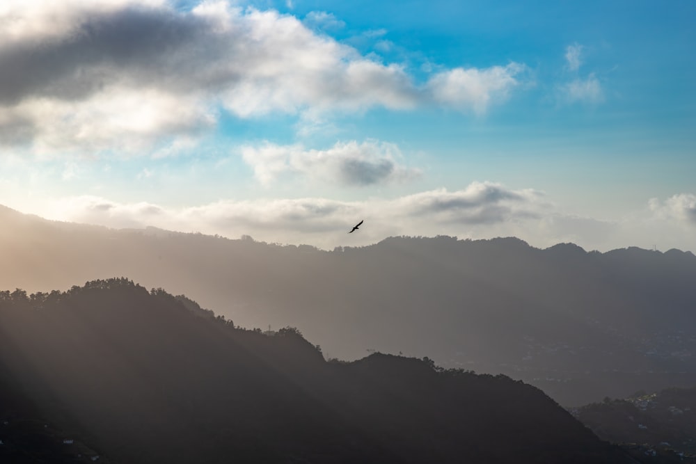 a bird flying in the sky over a mountain