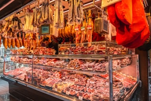 A vibrant display of fresh meat cuts in the Gimenez Grill butcher shop