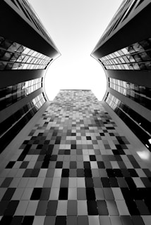 a black and white photo of a tall building