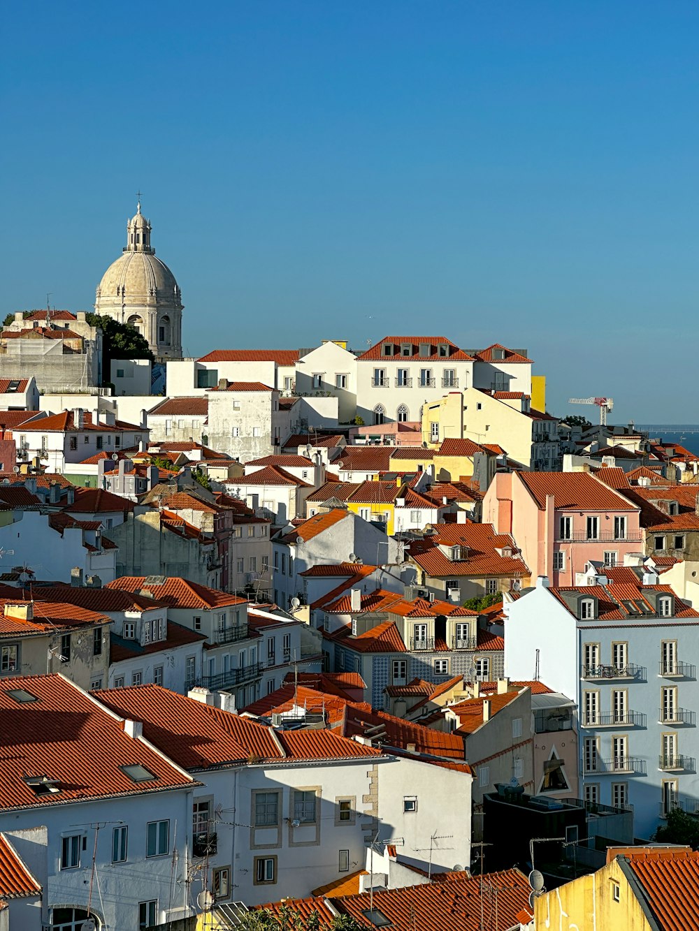 a view of a city with a church in the background