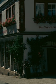A charming, historic building with decorative flower boxes and lush greenery climbing the walls. The exterior features traditional architecture with arched windows and intricate woodwork. The sunlight casts shadows, creating a serene atmosphere.