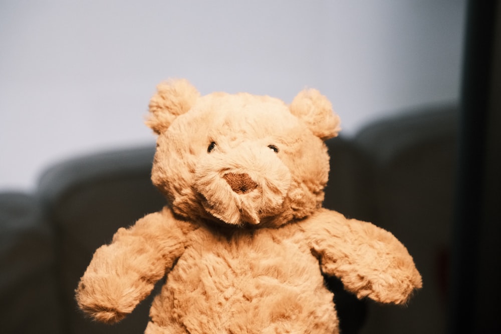 a brown teddy bear sitting on top of a couch