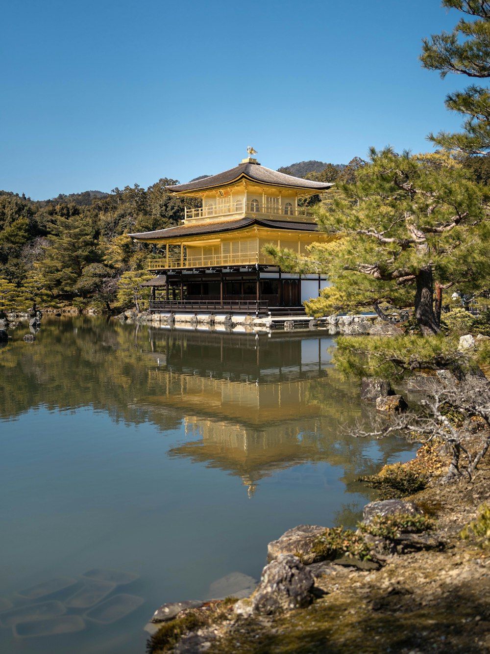 a building sitting on top of a lake next to a forest