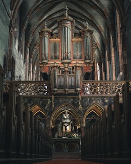 A grand pipe organ is situated at the focal point within a large cathedral interior, adorned with ornate architectural details. The organ is framed by pointed arches and intricate carvings, giving a sense of historical and artistic richness. The perspective is from the central aisle, flanked by wooden pews leading towards the altar.