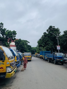 A busy street lined with parked trucks on both sides. A person dressed in a red patterned outfit is sweeping the road. The scene is flanked by green trees and there is an overcast sky above.