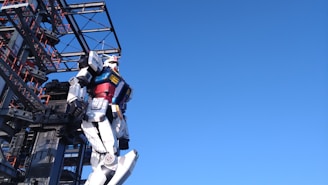 Futuristic construction site with humanoid robots collaborating alongside workers under sleek black and white design elements.