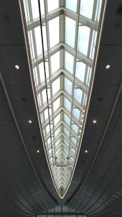 A modern architectural ceiling design with large triangular glass panels, framed by metal structures, creating an elongated and symmetrical visual effect. Ambient lighting is integrated along the edges, highlighting the sleek and futuristic aesthetic.
