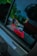 A car window with raindrops and a red 'Fastech' sticker. The background shows blurred greenery and some indistinct shapes, suggesting a rainy or overcast day.