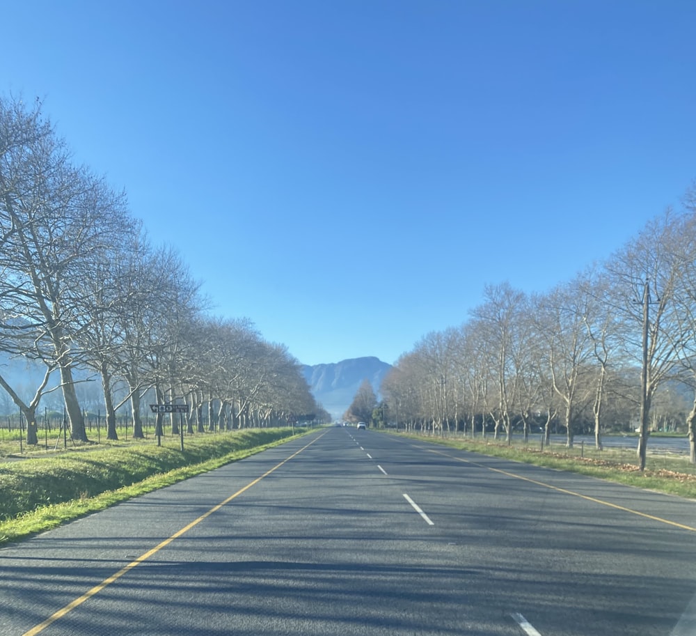 an empty road with trees and mountains in the background