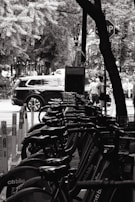 A row of bicycles is parked at a bike rental station, with a stop sign visible in the background. Trees and foliage surround the area, creating a natural setting. Several people are walking on the sidewalk, and a black car is parked near the bike station. The image is in black and white, giving it a classic and calm feel.