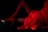 A woman is lying down in a pose with one leg bent and the other extended. She is wearing red fishnet stockings and red high heels, complemented by a red dress. The background is dark, which highlights the vibrant red clothing.
