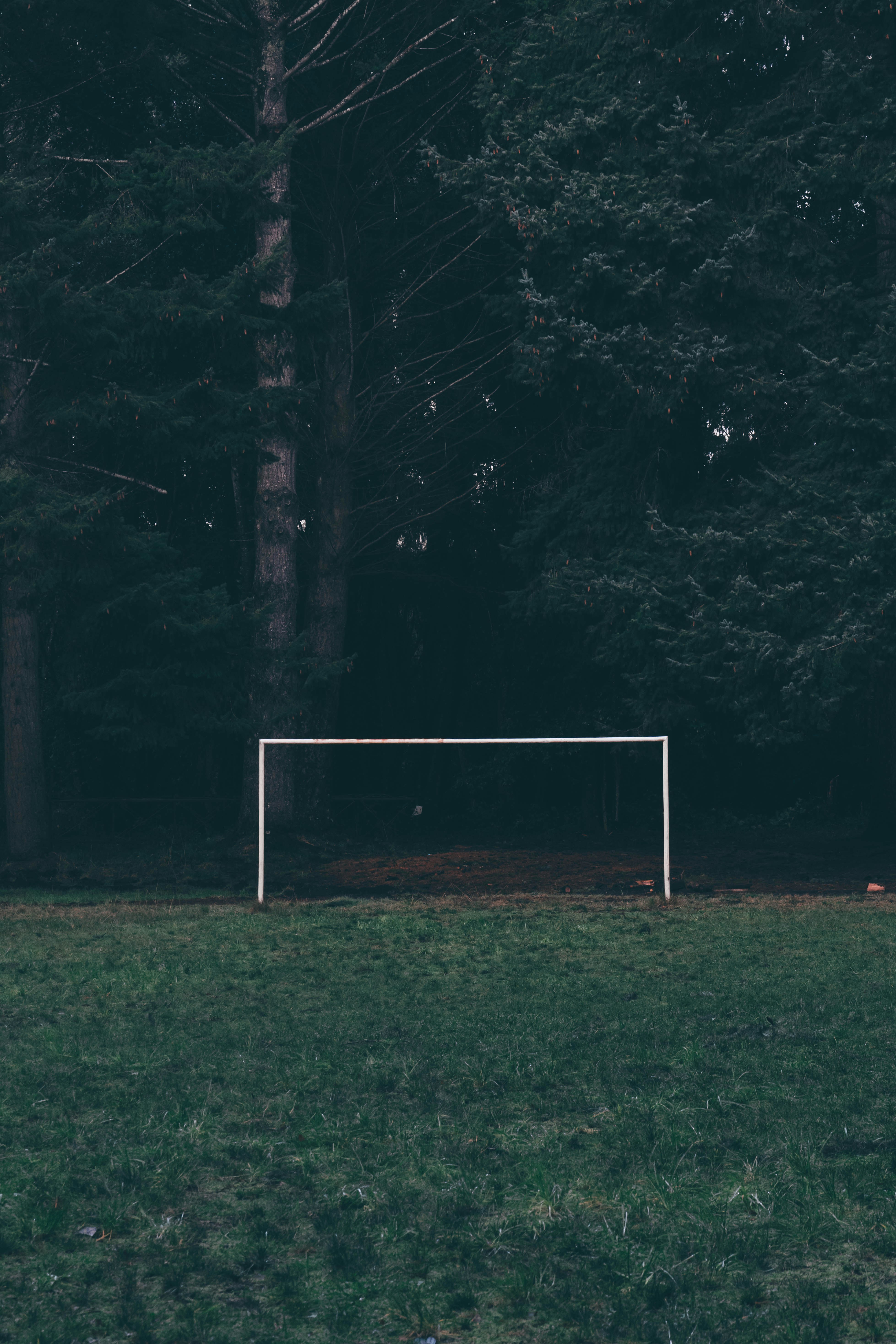 a soccer goal sitting in the middle of a field