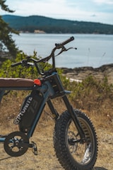 A rugged electric bike is positioned on a grassy area near a scenic body of water, surrounded by lush greenery and distant hills under a clear sky.
