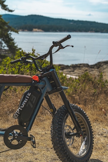 A rugged electric off-road motorcycle parked on a forest trail with a city skyline in the background.