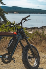A rugged electric bike is positioned on a grassy area near a scenic body of water, surrounded by lush greenery and distant hills under a clear sky.
