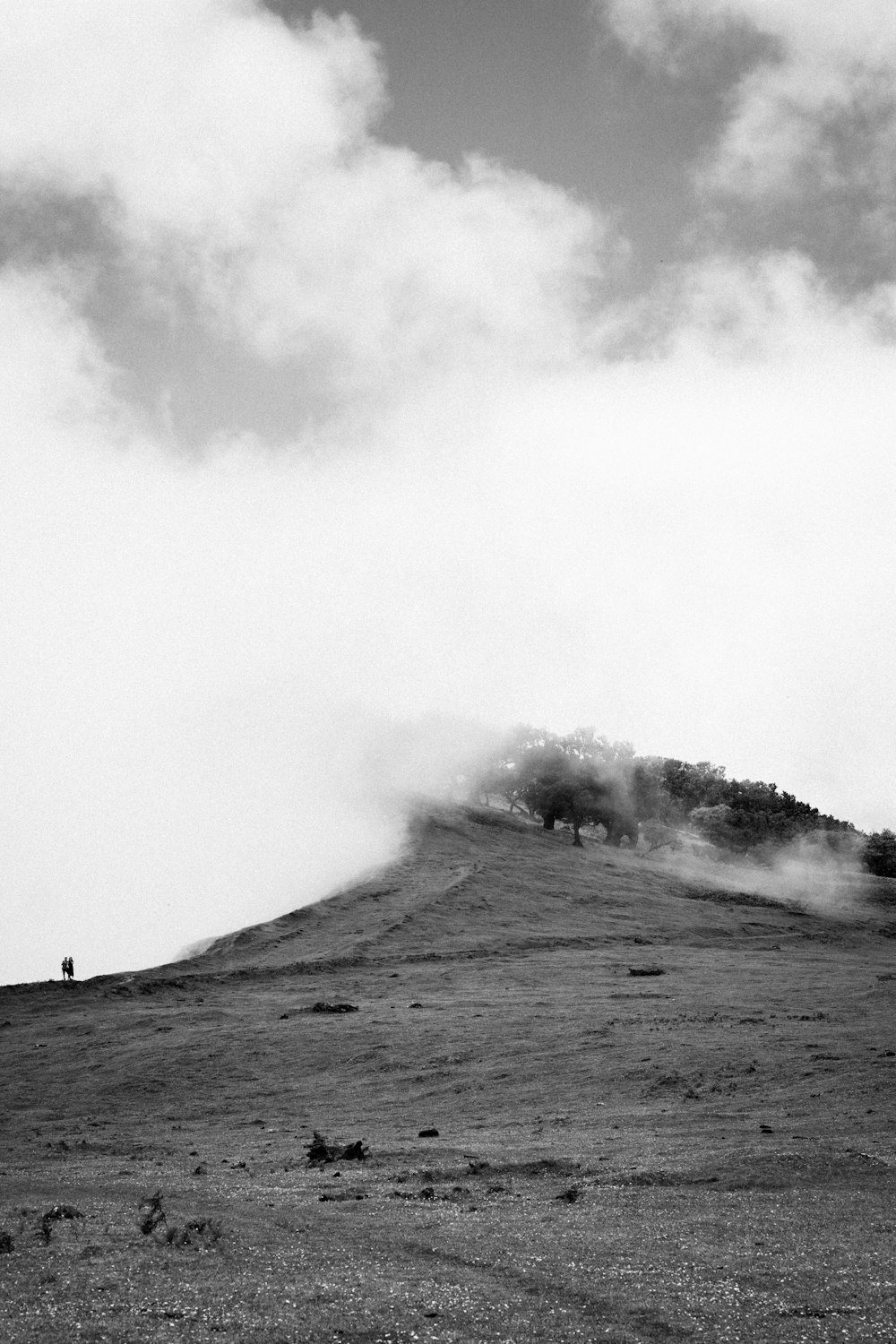 a black and white photo of a hill covered in steam