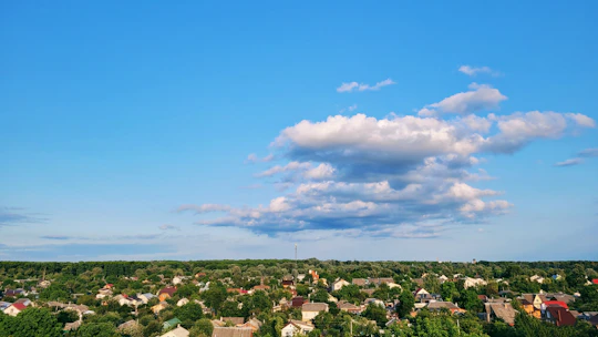 A serene village landscape with traditional houses and lush green fields under a clear blue sky.