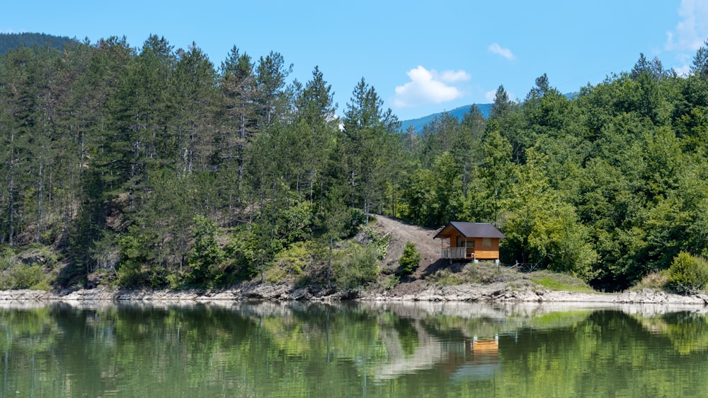 a small cabin on a small island in the middle of a lake