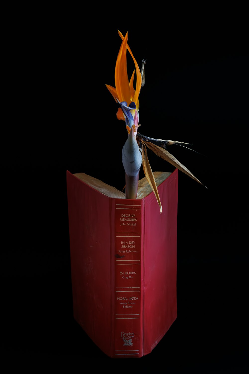 a red book with a bird on top of it