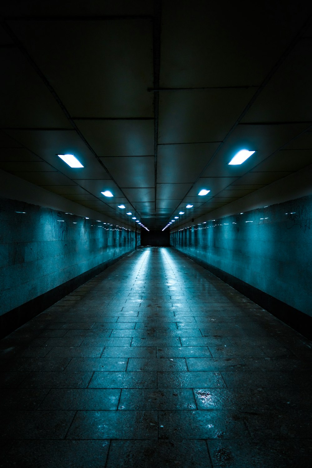 un long tunnel sombre avec des lumières au bout