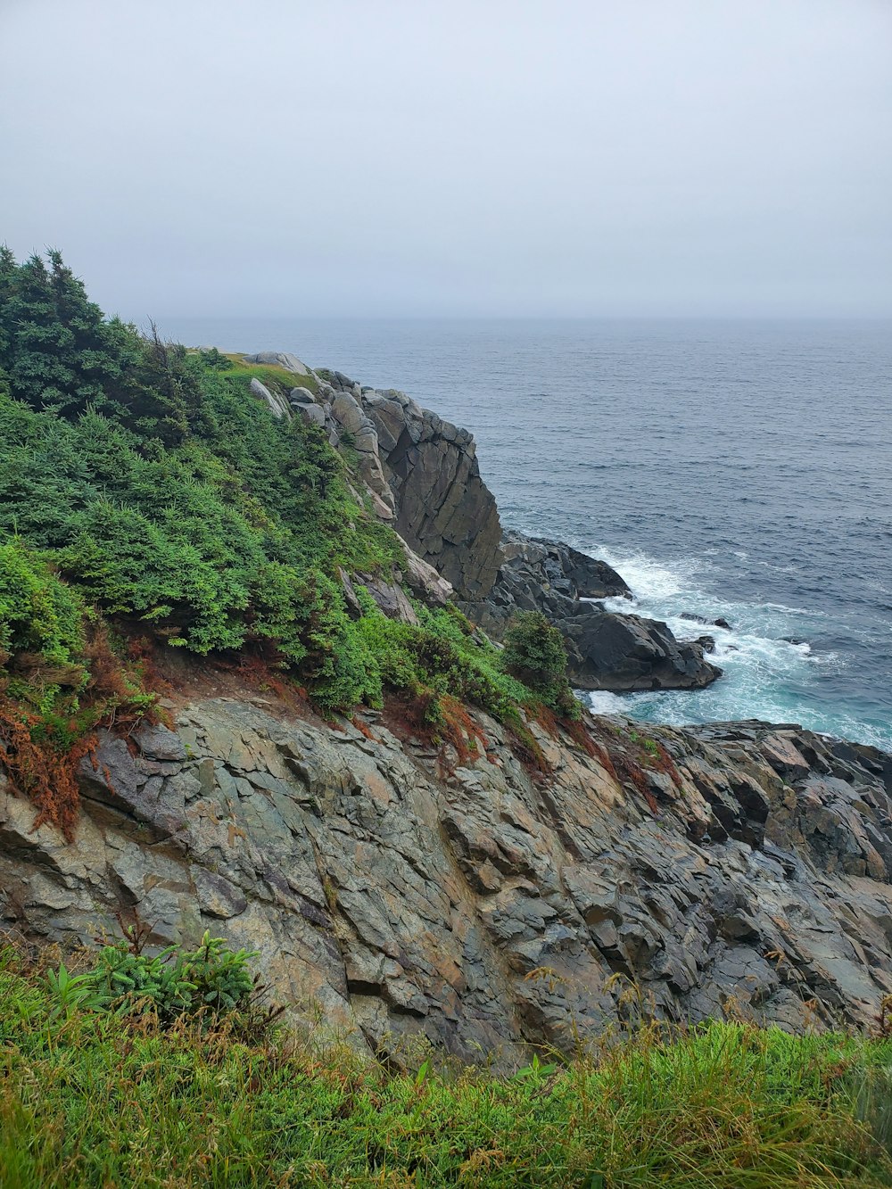 a rocky cliff overlooks the ocean on a foggy day