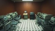 A vintage computer room containing multiple old-fashioned teletypes and office chairs arranged in a semi-circle around the walls. The room features wooden panel walls and a patterned black-and-white tiled floor, with fluorescent lighting overhead.