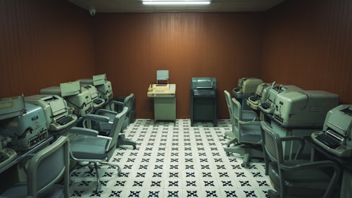 A vintage computer room containing multiple old-fashioned teletypes and office chairs arranged in a semi-circle around the walls. The room features wooden panel walls and a patterned black-and-white tiled floor, with fluorescent lighting overhead.