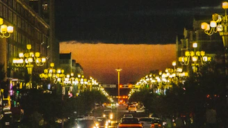 Street lamps lining a quiet city street glowing softly in the evening.